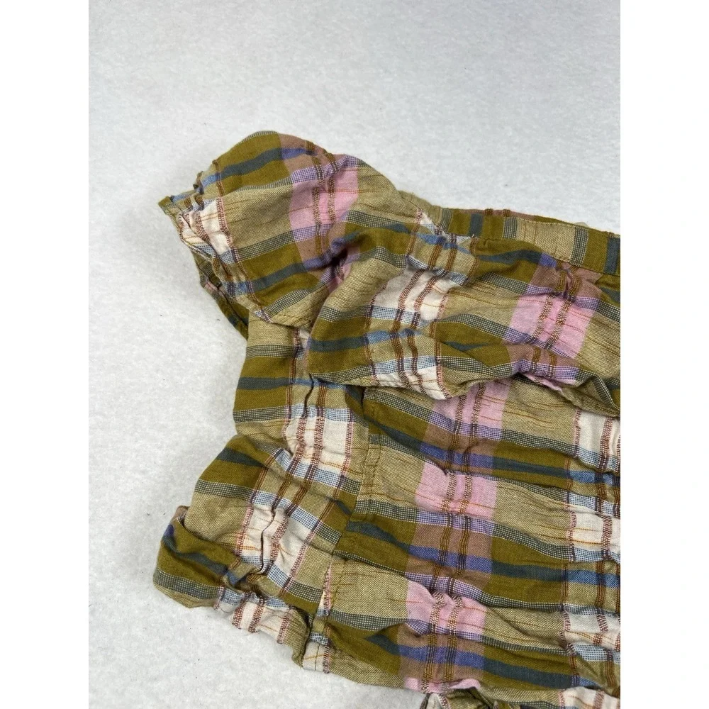 Free People Whitley Top L Women Casual Plaid Strapless Ruffle Blouse‎